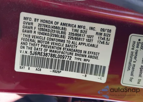 2008 Honda Cr-V Ex-L z USA, uszkodzony, nr VIN 5J6RE38788L009772